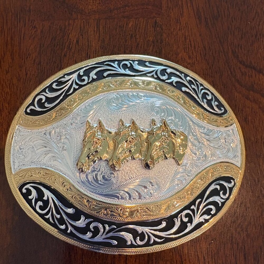 Vintage Gold and Silver Horse Head Belt Buckle